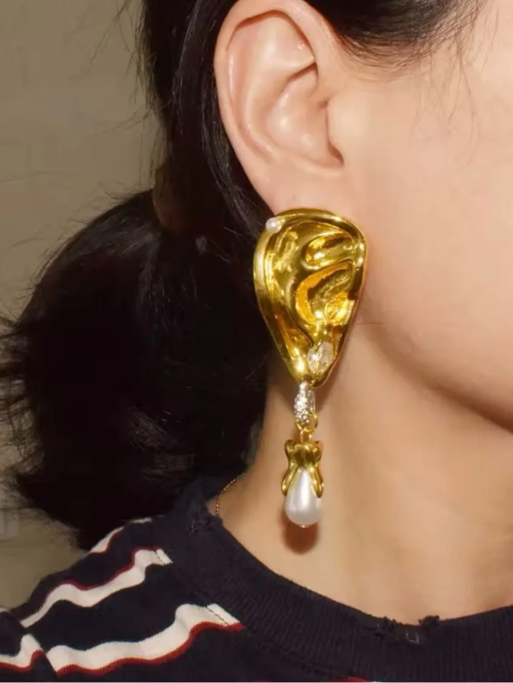 Schiaparelli Inspired Ear Shape Pearl Drop Statement Earrings